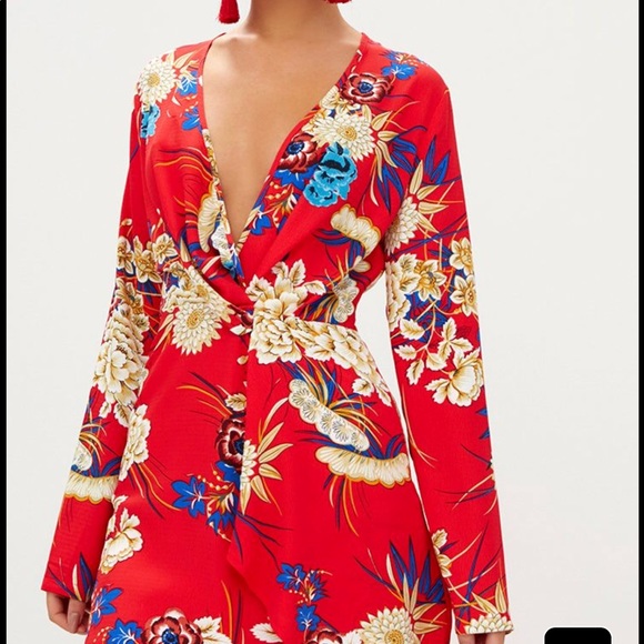 Red Floral Long Sleeve Wrap Dress - Picture 6 of 6